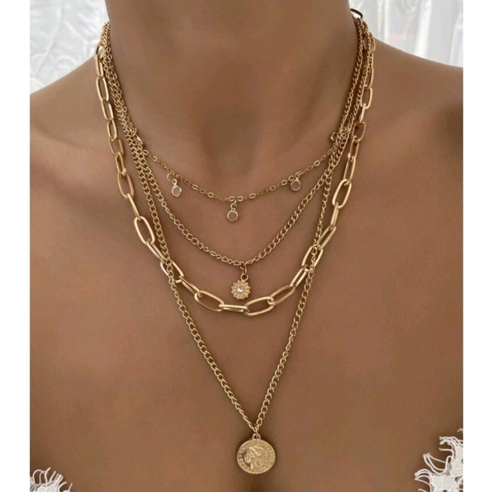 Chunky layered statement necklace Gold coin pendant Boho chain 💖 2/$30